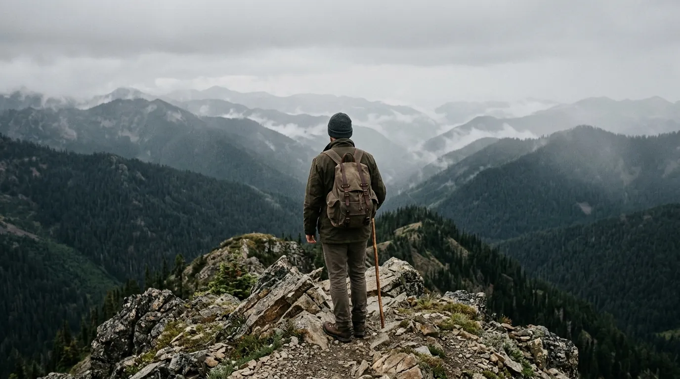 Hiker overlooking layered panhandle ridgelines in fog