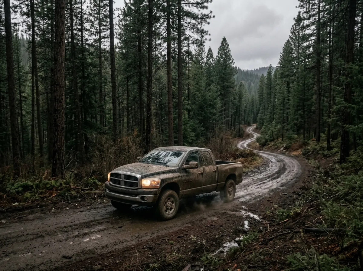 Pickup on a forest service road